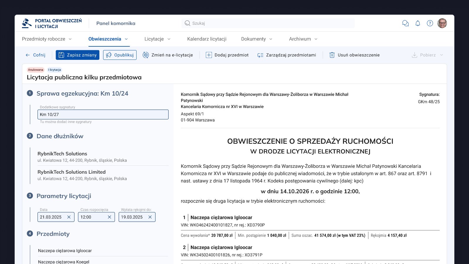 Split-screen auction creator: parameter form on the left, live announcement preview on the right