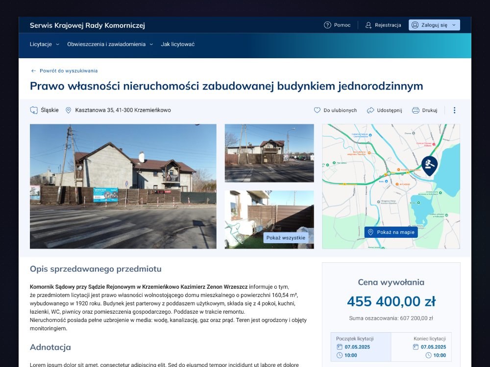 Item details after: gallery, map, structured data tables and price sidebar