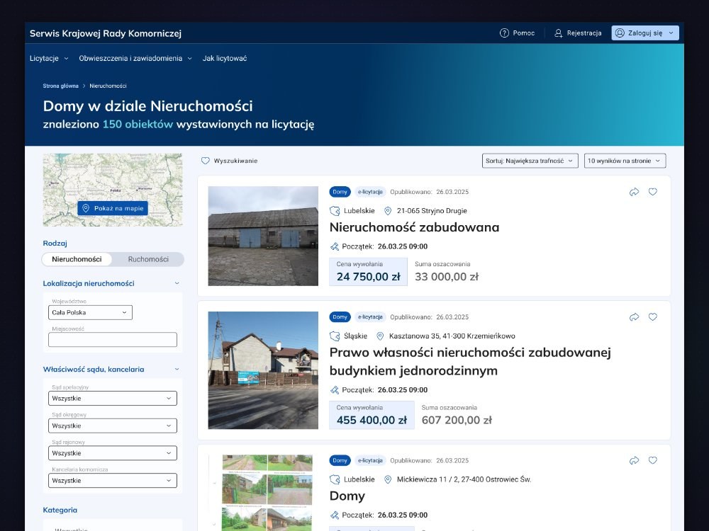 List view after: sidebar filters with map and rich list rows